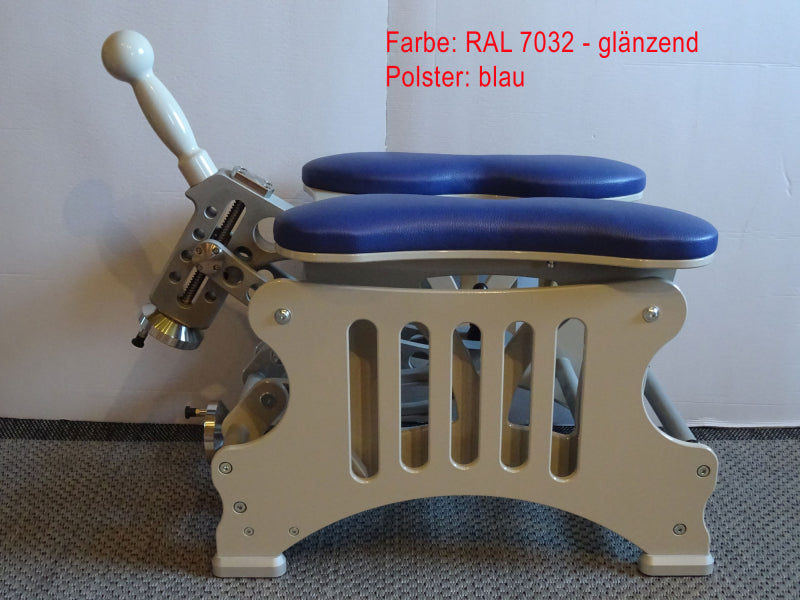 Joyrider Orgasm Machine by 1ATOYS with blue padding and gray metal frame. Stable construction with the highest possible quality of workmanship.
