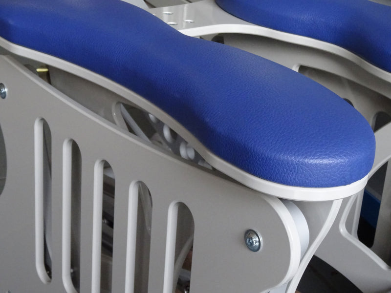 Detail view of blue upholstered seats on The Joyrider - Orgasm Machine by 1ATOYS.