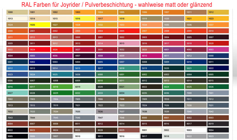 RAL color chart for The Joyrider - orgasm machine by 1ATOYS, shows the color selection for matte and glossy powder coatings.