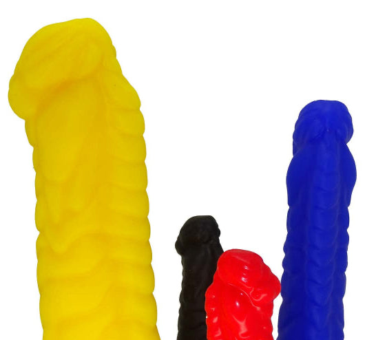 Colorful, structured silicone sex toys from 1ATOYS in yellow, red, black, and blue. Futuristic design from