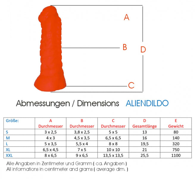 Premium silicone sex toy “The Alien Dildo” – German-English size chart.