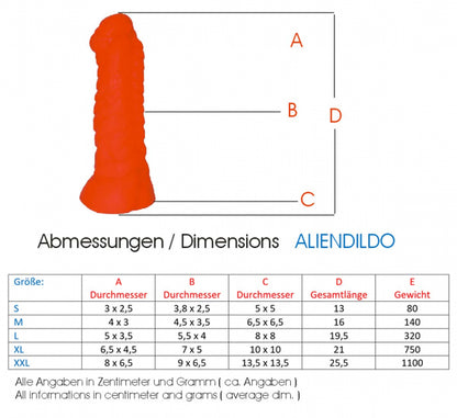 Premium silicone sex toy “The Alien Dildo” – German-English size chart.