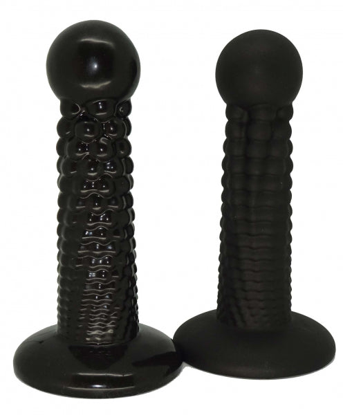 Two black, textured cannonball dildos from 1ATOYS made of premium platinum silicone with rounded heads and flat bases. Compare matte and glossy.