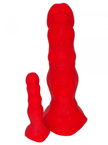 Two premium silicone sex toys with wavy structure in red, large and small. Hybrid design as a mix of plug and dildo by 1ATOYS. Size comparison.