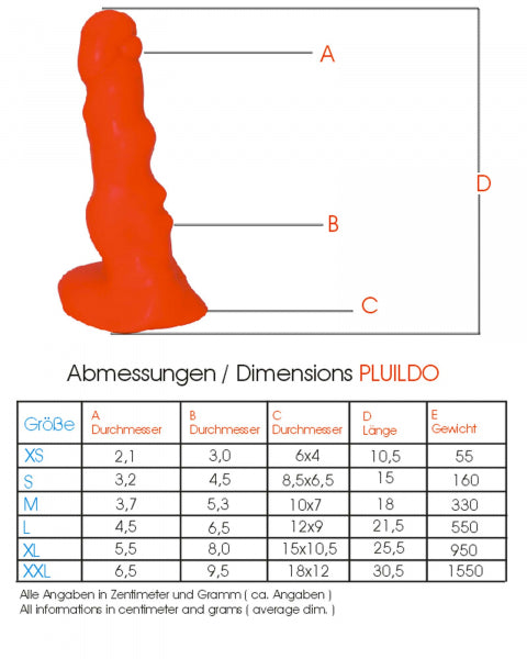 Premium silicone sex toy The Pluildo by 1ATOYS features innovative hybrid design with German size chart (XS to XXL).