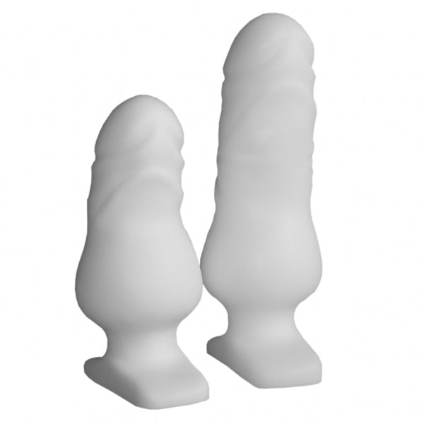 Two white cock head plugs 2 in short and medium for size comparison. Both provide intense anal stimulation.