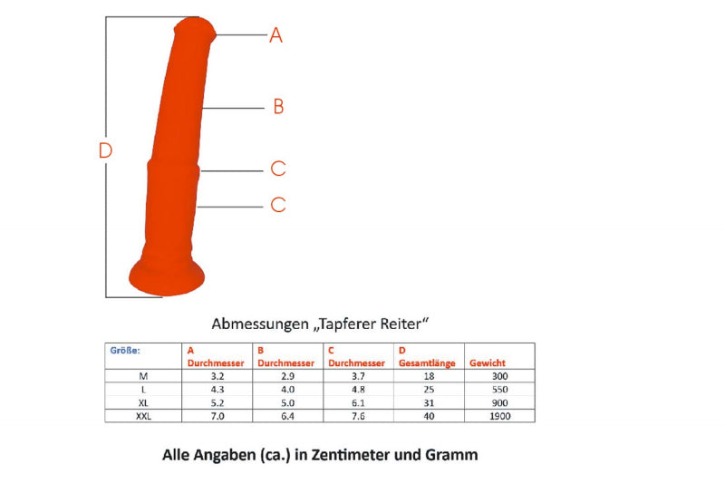 Silikondildo „Der tapfere Reiter“ von 1ATOYS mit detaillierten Maßen in cm und g. Masstabelle.