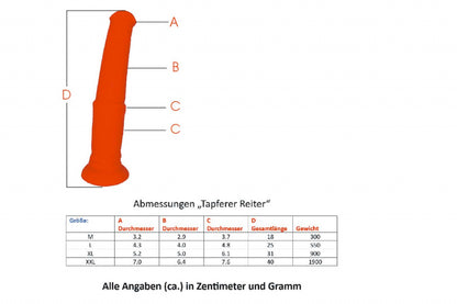 Silikondildo „Der tapfere Reiter“ von 1ATOYS mit detaillierten Maßen in cm und g. Masstabelle.
