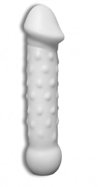 Premium silicone sex toy, white cylindrical dildo with a very large head and a nubbed texture on the shaft. High quality and flexible.