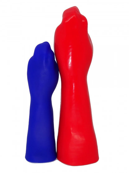 Two hand-shaped sex toys by 1ATOYS, collection "The Magic Hand in Four Sizes", made of blue and red premium silicone, standing upright.
