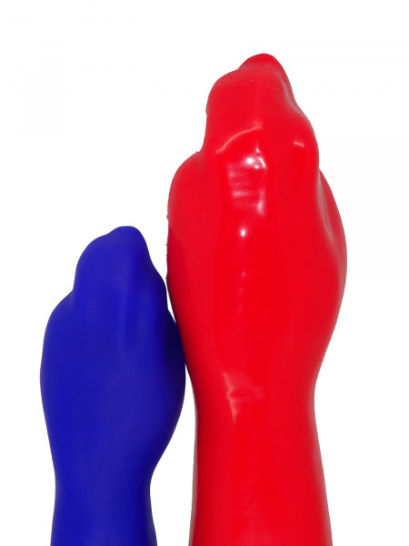 Premium silicone sex toy: Two closed fists in red and blue for realistic simulations.