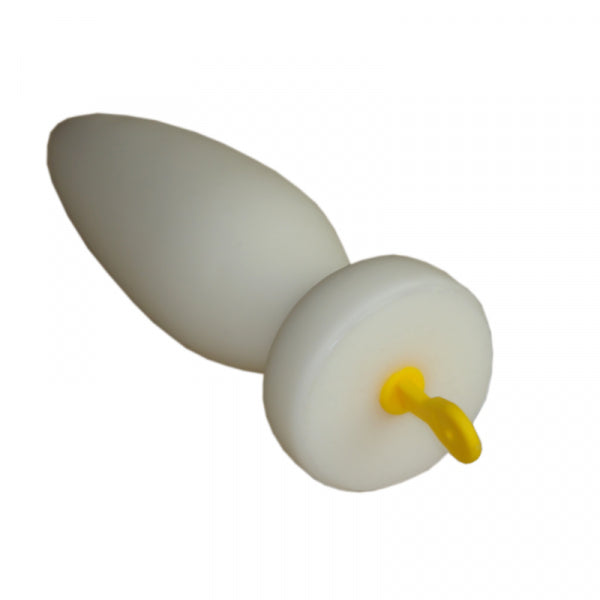 Premium silicone anal plug with enema function. Side view, with closure plug. Suitable for intimate anal applications and enemas.