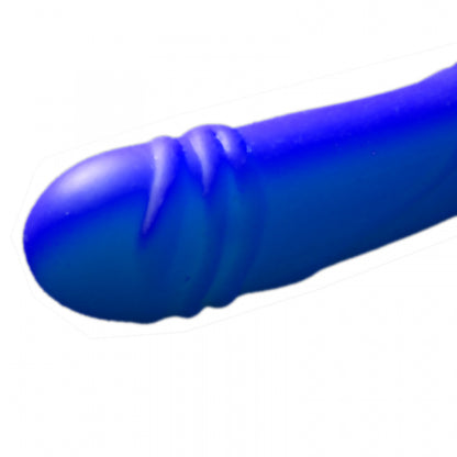Premium sex toy made of blue platinum silicone with a smooth tip and textured grooves for gentle stimulation, detailed glans cutout.