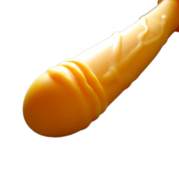 A premium silicone dildo from 1ATOYS with a veined yellow shaft and glans replica for gentle anal or vaginal stimulation.