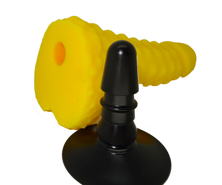 Connector and suction cup mount shown in application example of the Masterpiece Series 4. Premium silicone sex toy for solo pleasure.