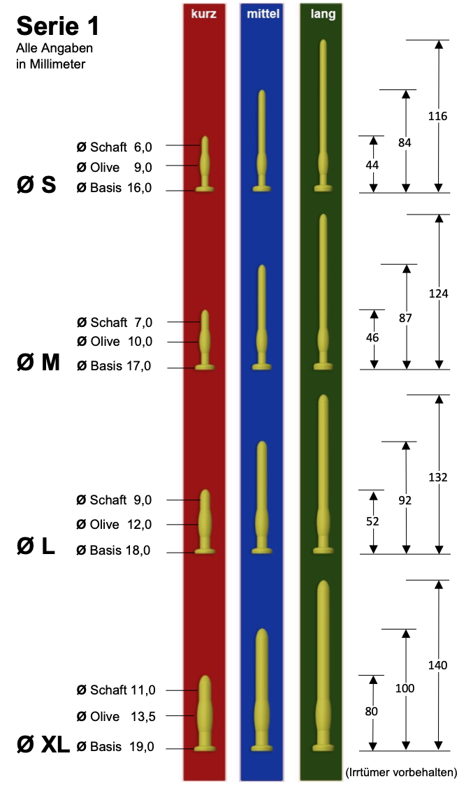Urethral dildo made of silicone for stretching and stimulation, comfortable and flexible application. Size chart