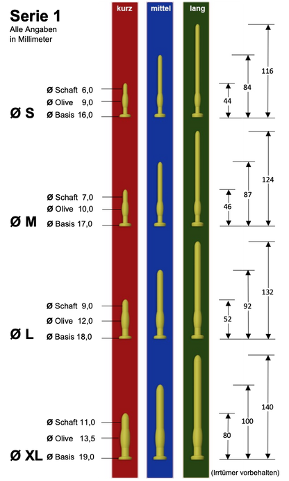 Urethral dildo made of silicone for stretching and stimulation, comfortable and flexible application. Size chart