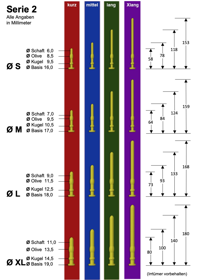 Prinzenzepter Series 2: Urethral dildo made of platinum silicone for stretching and stimulation, available in various lengths. Size chart.