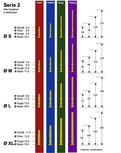 Prinzenzepter Series 2: Urethral dildo made of platinum silicone for stretching and stimulation, available in various lengths. Size chart.