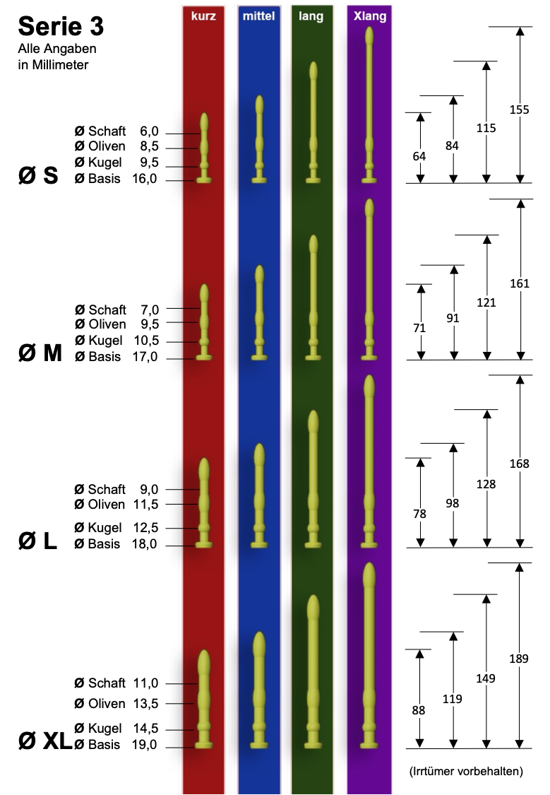Urethral dildo made of silicone for stretching and stimulation, available in various sizes. Size chart.