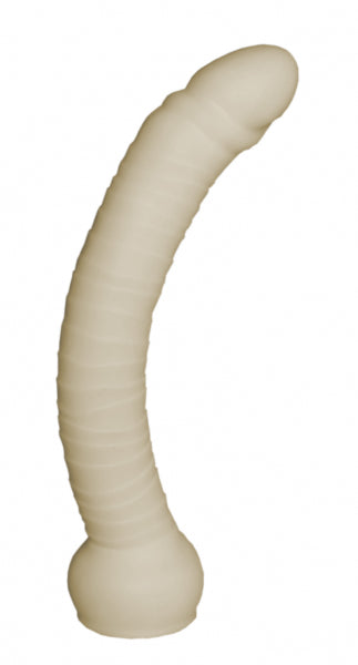Slightly curved platinum silicone sex toy with ribbed design, rounded head, and bulbous base, made of premium material by 1ATOYS. For sensual anal and vaginal experiences.