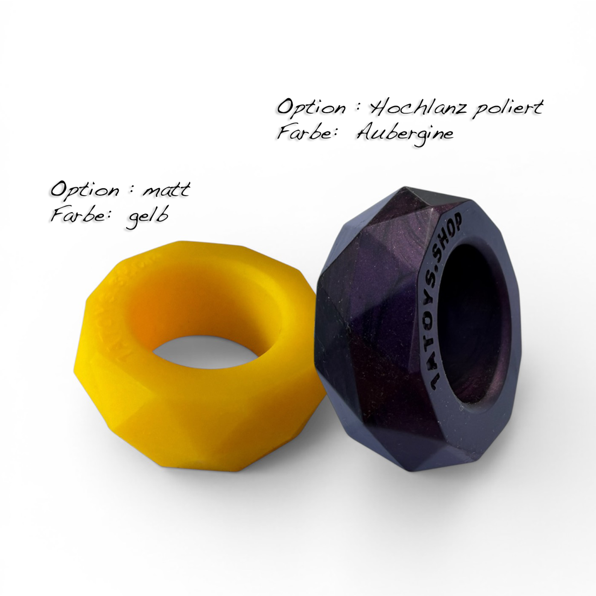 Signature-Cockring Options: Two Cockrings in yellow and violet. Matte and polished surfaces. Overview